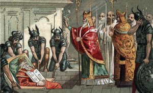 De begrafenis van Karel de Grote in 814 in de kathedraal van Aken in Duitsland. Chromolithografie uit het einde van de 19e eeuw.