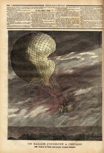 De gevangen ballon (gevangen ballon) van de Franse heren Godard en Panis, slachtoffer van een ongeluk veroorzaakt door de storm op 7 juli, op het terrein van de Wereldtentoonstelling in Chicago, tijdens de vlucht werd de ballon geraakt en geraakt, waarbij 