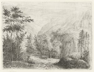 Berglandschap met rustende figuur langs weg