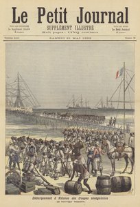 Senegalese troepen ontschepen bij de nieuwe kade van Cotonou, Dahomey door after Henri Meyer