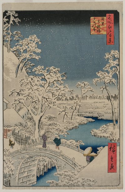 Schilderij van schemering bij de Drum Bridge in Meguro door Ando Hiroshige