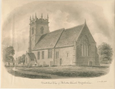 Adbaston Kerk: sepia tekening, 1843 door John Buckler